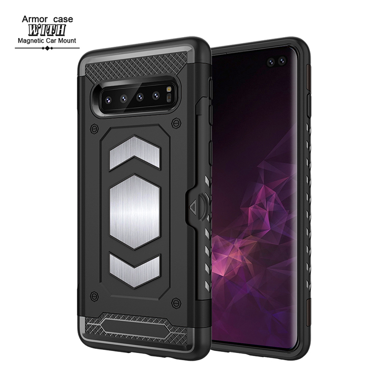 Galaxy S10+ (Plus) Metallic Plate Case Work with Magnetic Holder and Card Slot (Black)